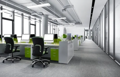 Freshly cleaned glass-walled corridor running through a modern New Jersey commercial building common area